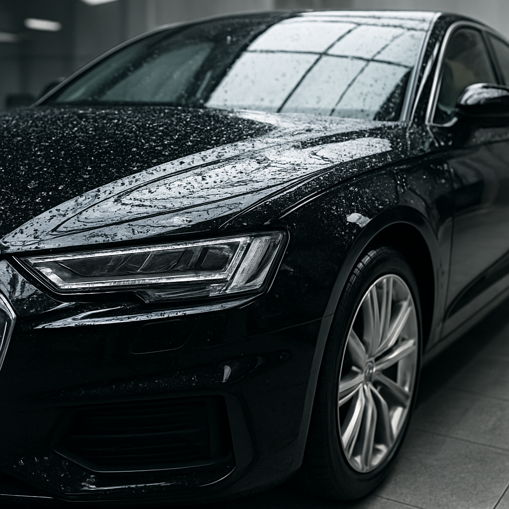 Fully detailed car with gleaming waxed paint finish