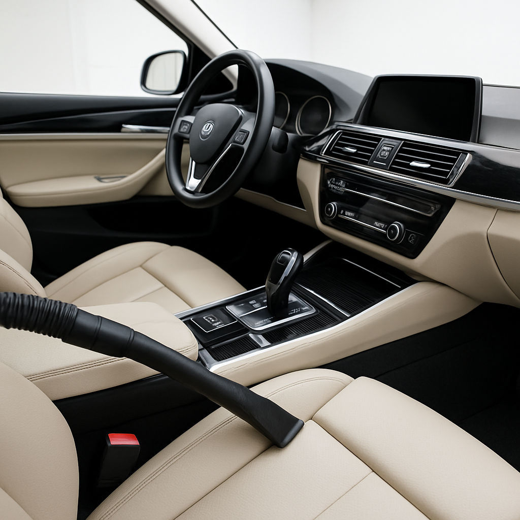 Clean car interior with vacuumed seats and polished dashboard